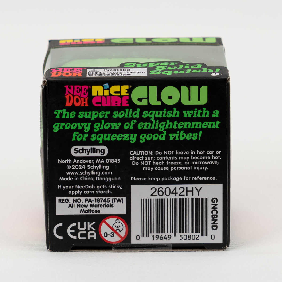 NeeDoh Nice Cube Glow, packaging label with product and safety information.