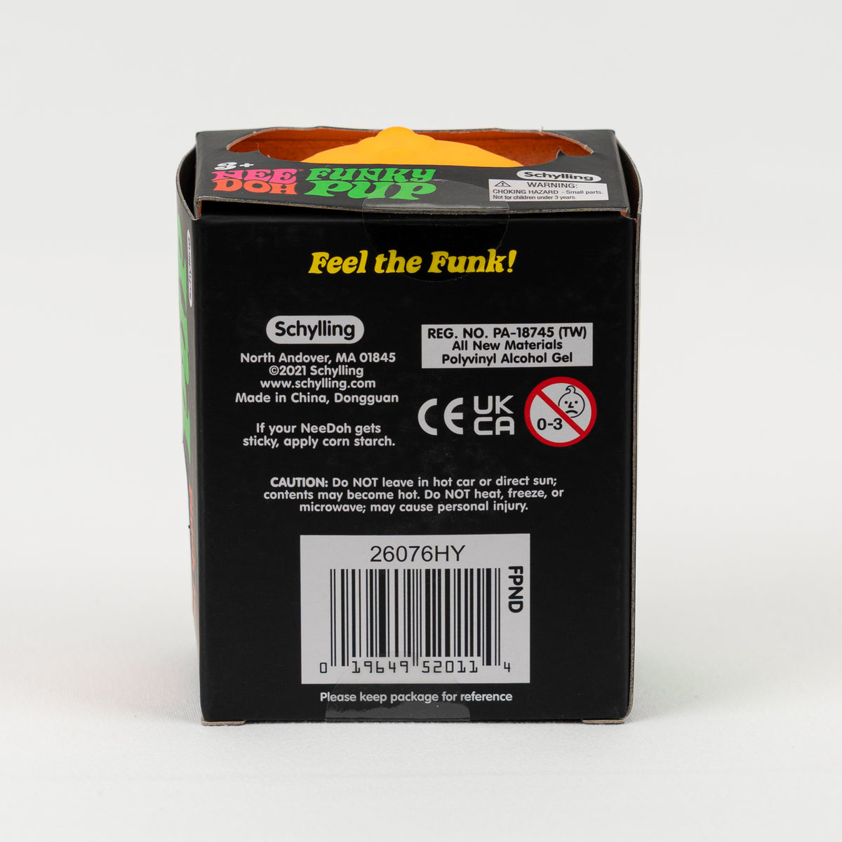 NeeDoh Funky Pup, packaging label with product and safety information.