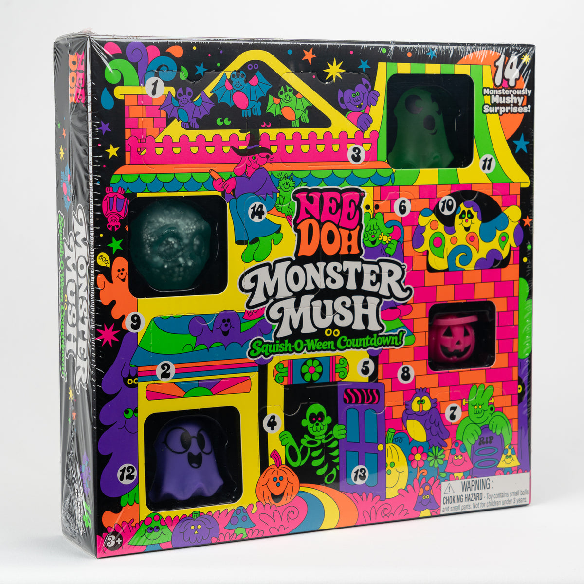 NeeDoh Monster Mush - 14-Piece Halloween Countdown, angled front view of retail packaging.