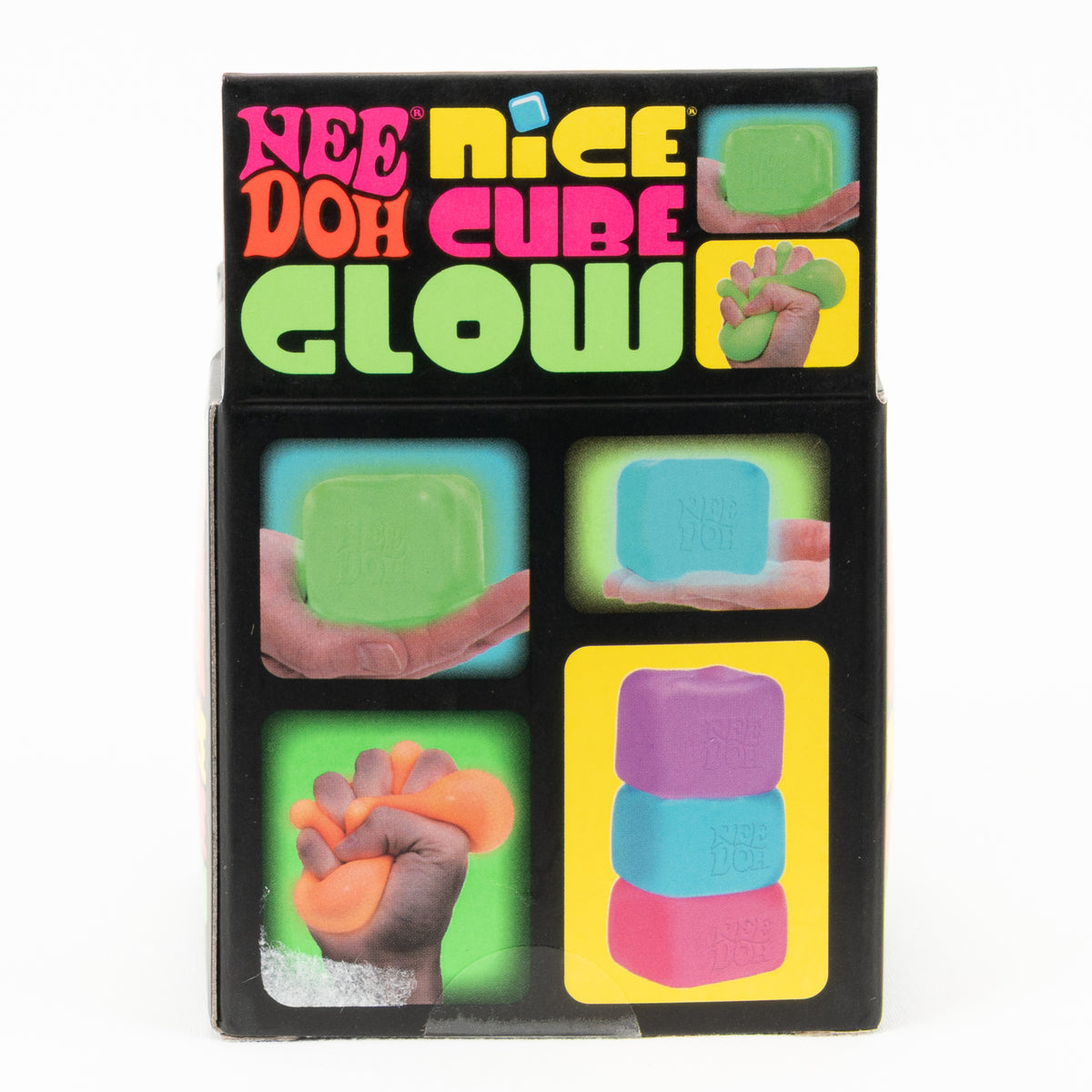 NeeDoh Nice Cube Glow, back panel with package artwork.