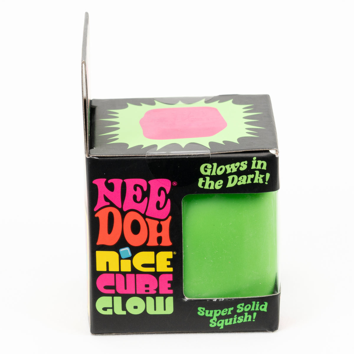 NeeDoh Nice Cube Glow, side of retail packaging.