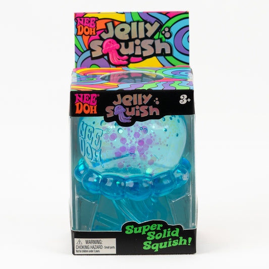 NeeDoh Jelly Squish Jellyfish - Blue, front of retail packaging.