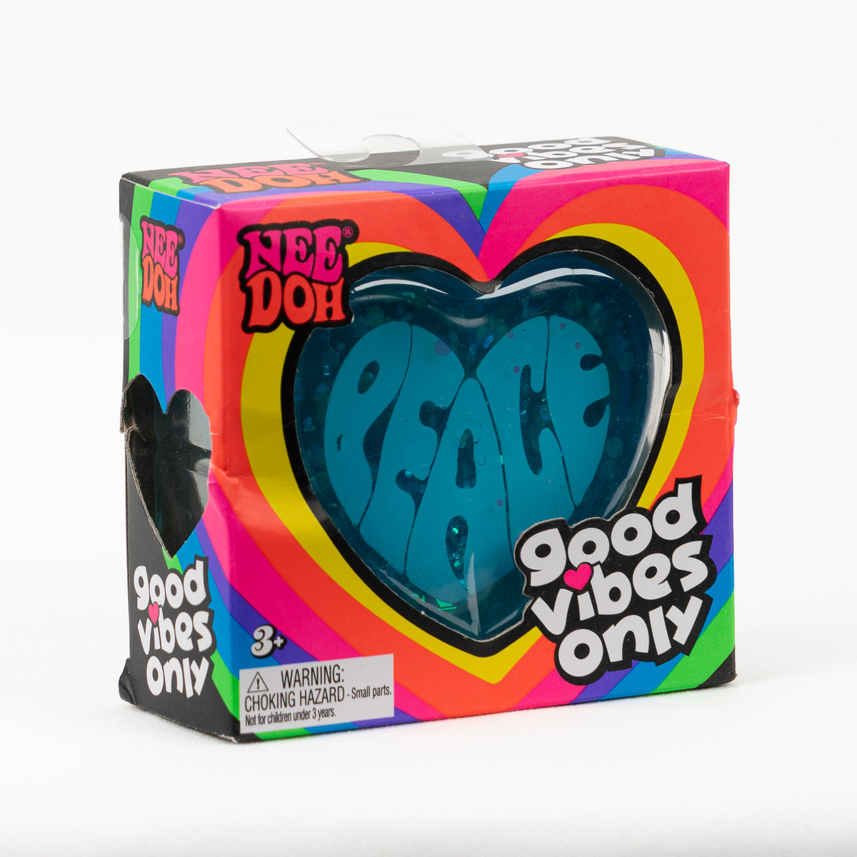NeeDoh Good Vibes - Blue - Peace, angled front view of retail packaging.