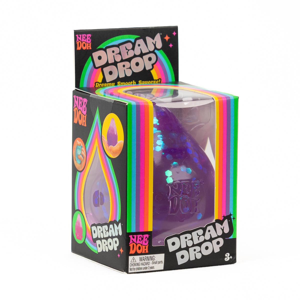 NeeDoh Dream Drop - Purple Glitter, angled front view of retail packaging.