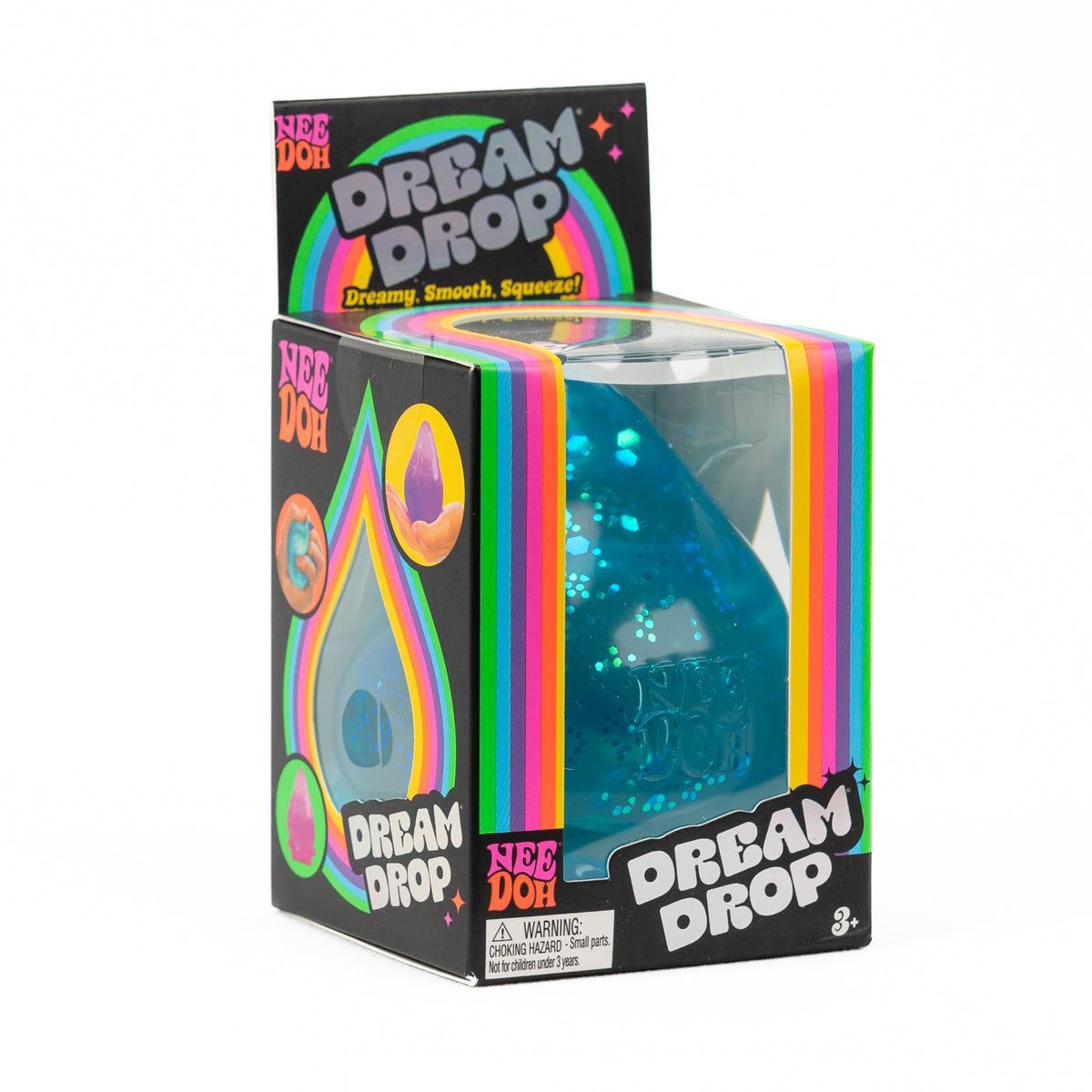 NeeDoh Dream Drop - Blue Glitter, angled front view of retail packaging.