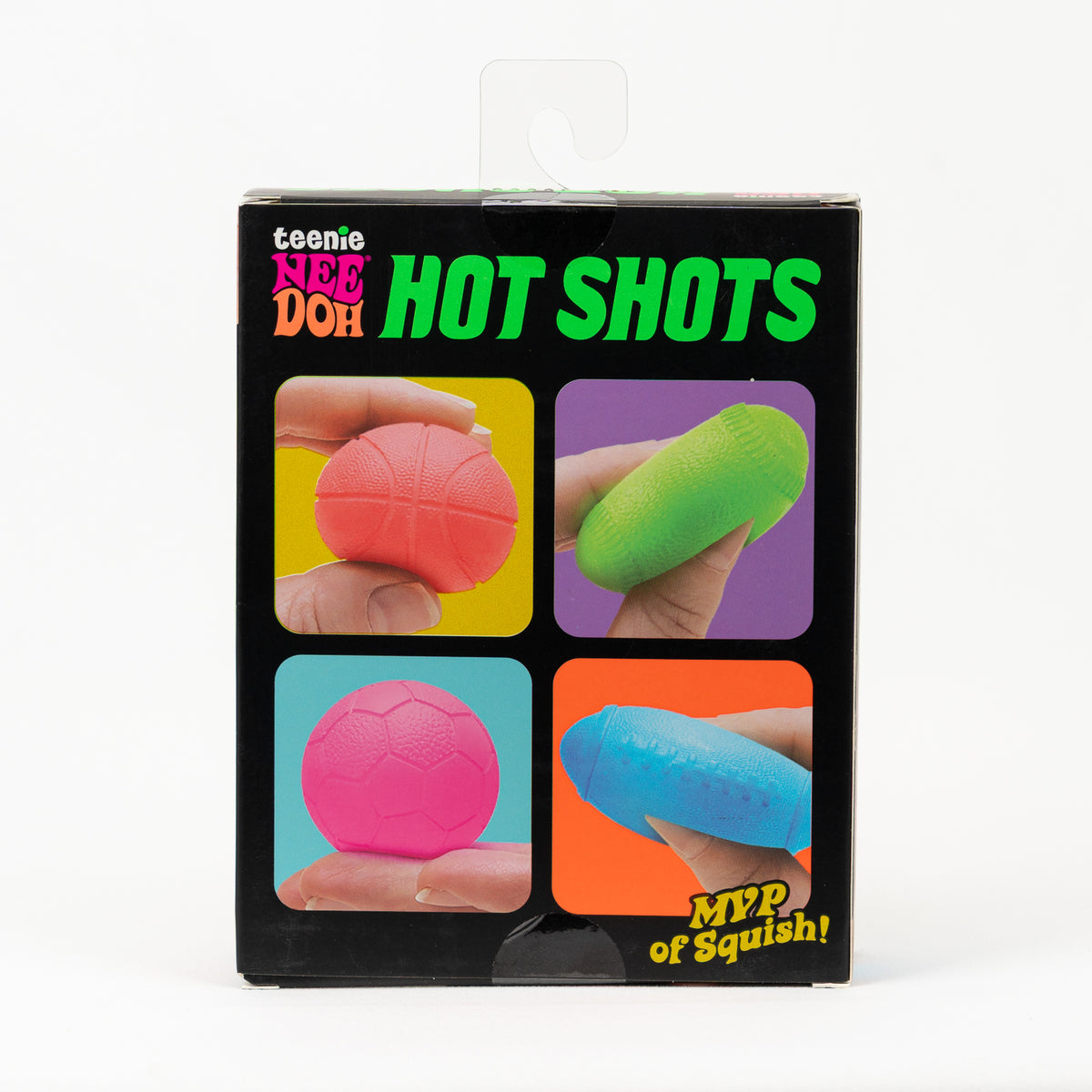 NeeDoh Teenie Hot Shots 4-Pack, back panel with package artwork.