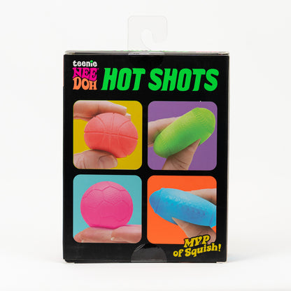 NeeDoh Teenie Hot Shots 4-Pack, back panel with package artwork.