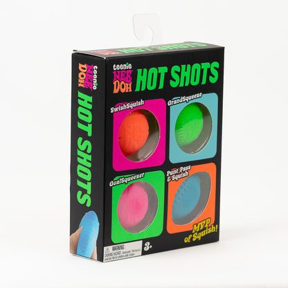 NeeDoh Teenie Hot Shots 4-Pack, angled front view of retail packaging.