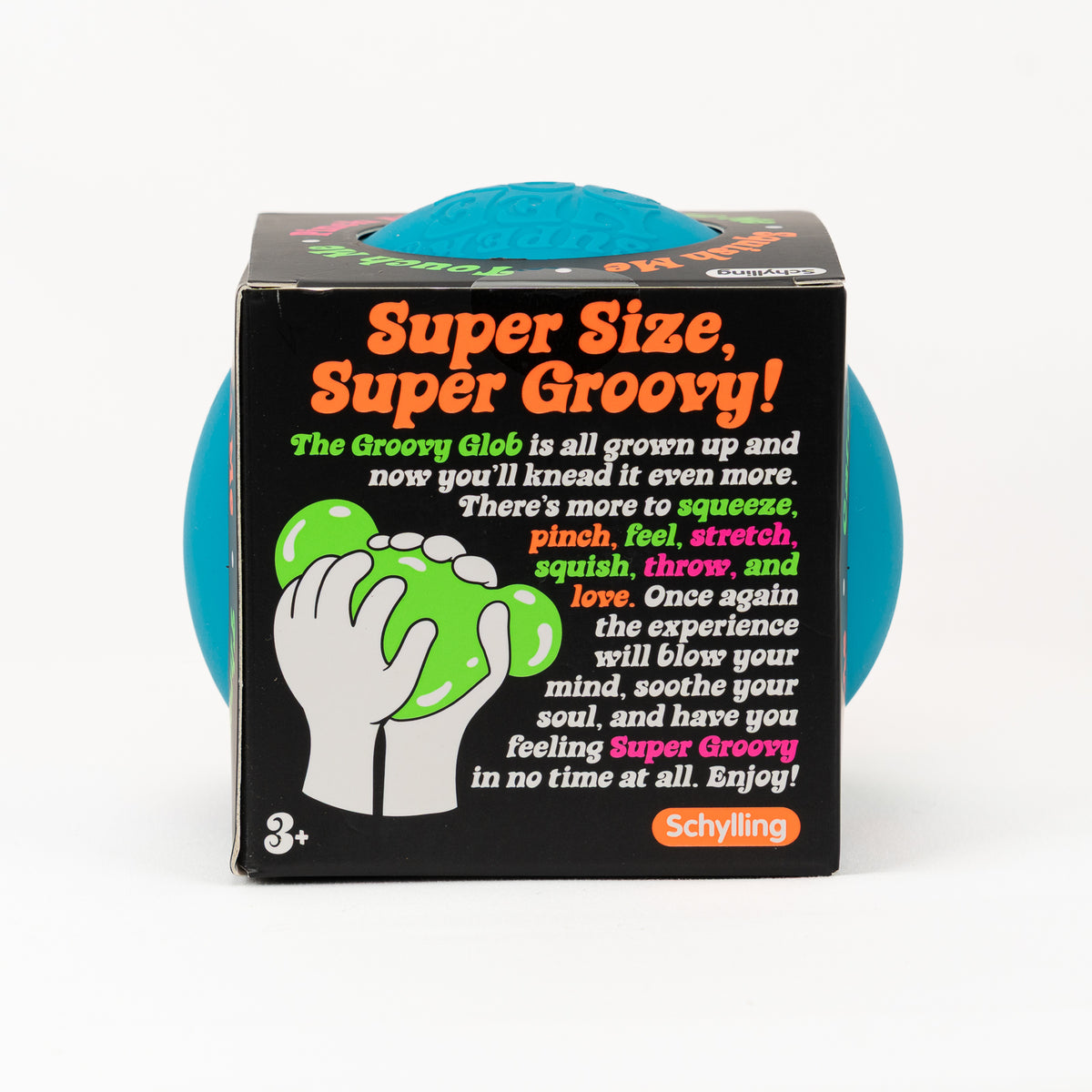NeeDoh Super Groovy Glob XL, side of retail packaging.