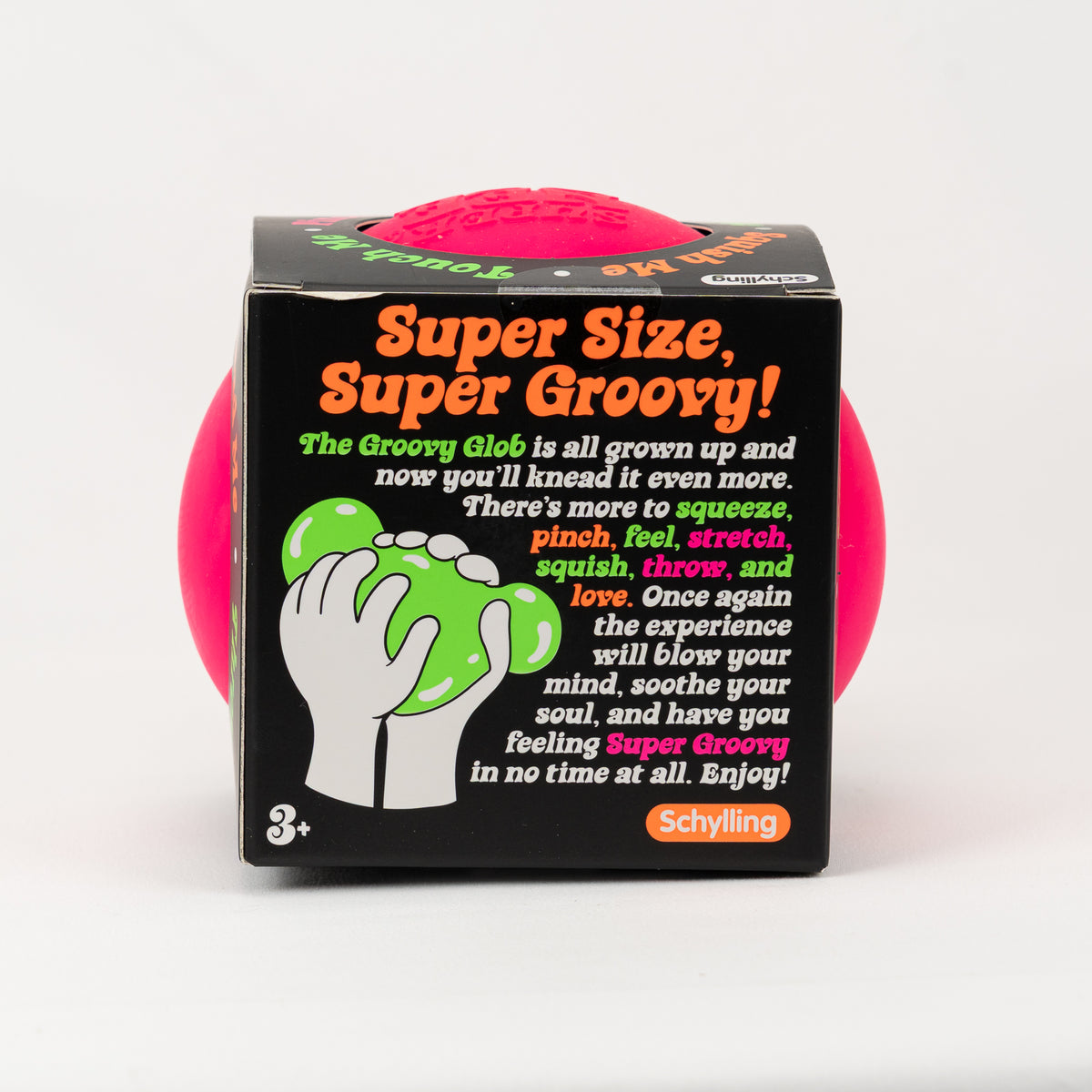 NeeDoh Super Groovy Glob XL, side of retail packaging.