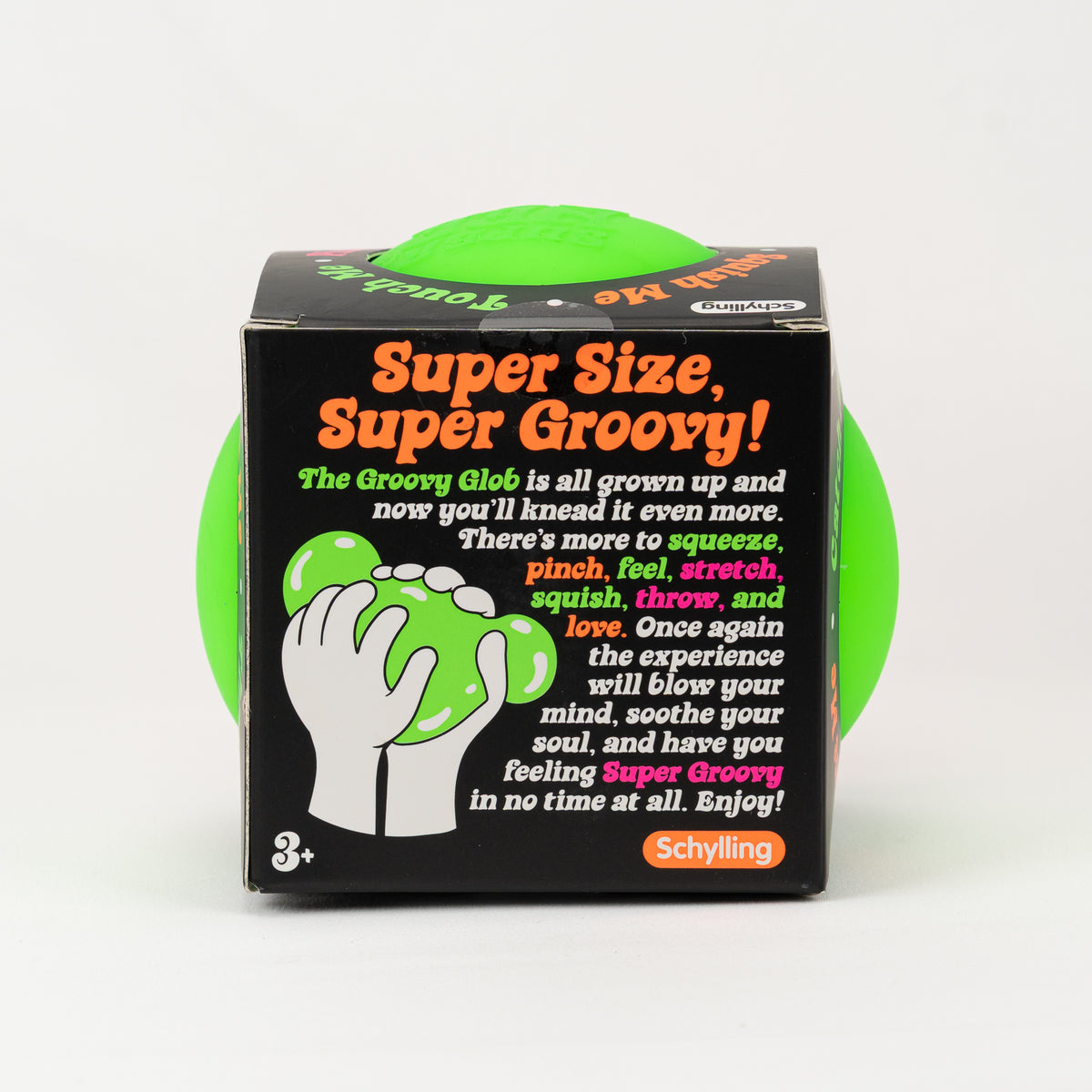 NeeDoh Super Groovy Glob XL, side of retail packaging.