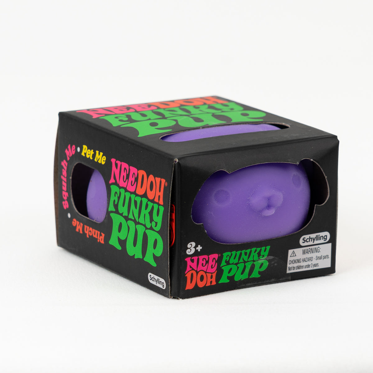 NeeDoh Funky Pup - Purple, angled front view of retail packaging.