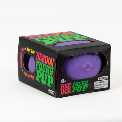 NeeDoh Funky Pup - Purple, angled front view of retail packaging.