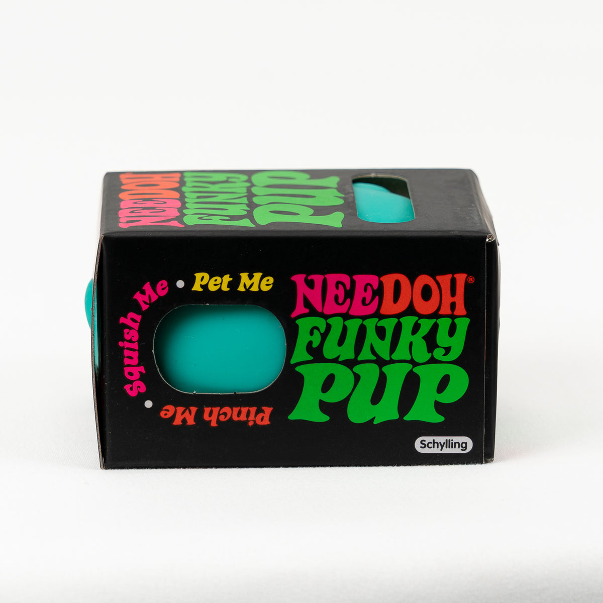 NeeDoh Funky Pup, side of retail packaging.