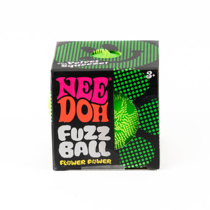 NeeDoh Fuzz Ball Flower Power - Green, front of retail packaging.
