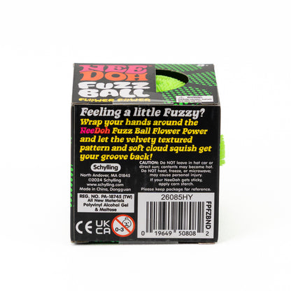 NeeDoh Fuzz Ball Flower Power, packaging label with product and safety information.