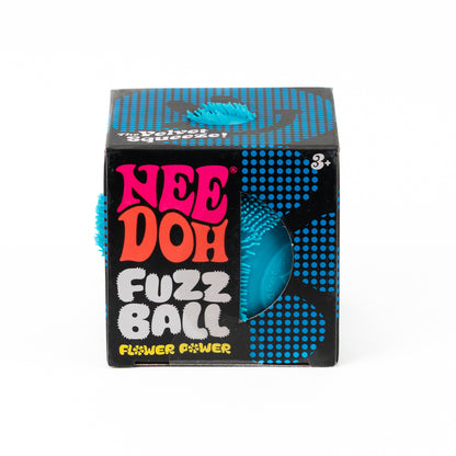NeeDoh Fuzz Ball Flower Power - Blue, front of retail packaging.