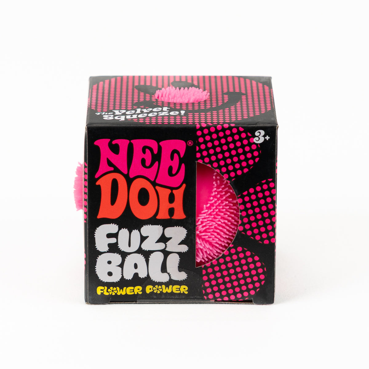 NeeDoh Fuzz Ball Flower Power - Pink, front of retail packaging.