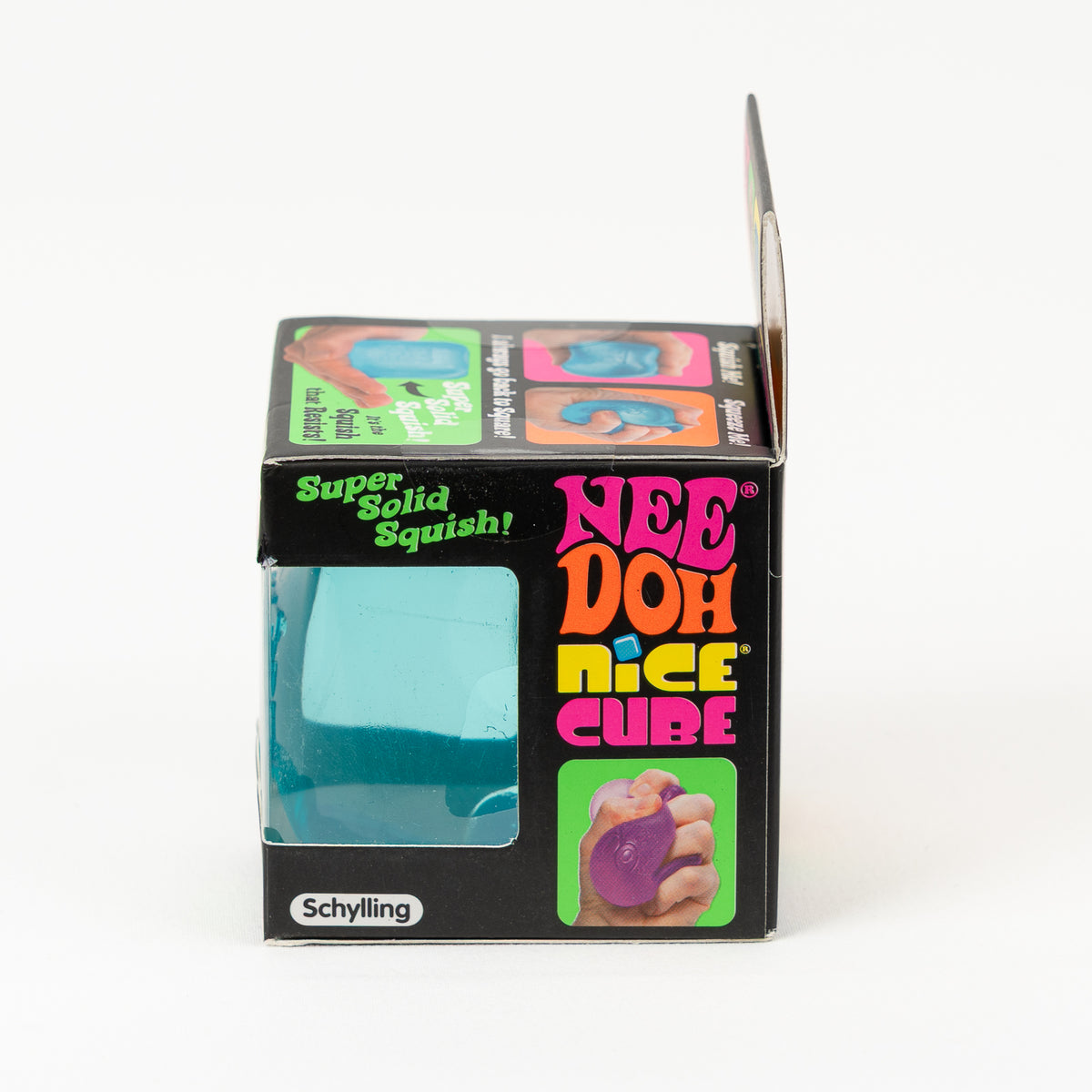 NeeDoh Nice Cube, opposite side of retail packaging.