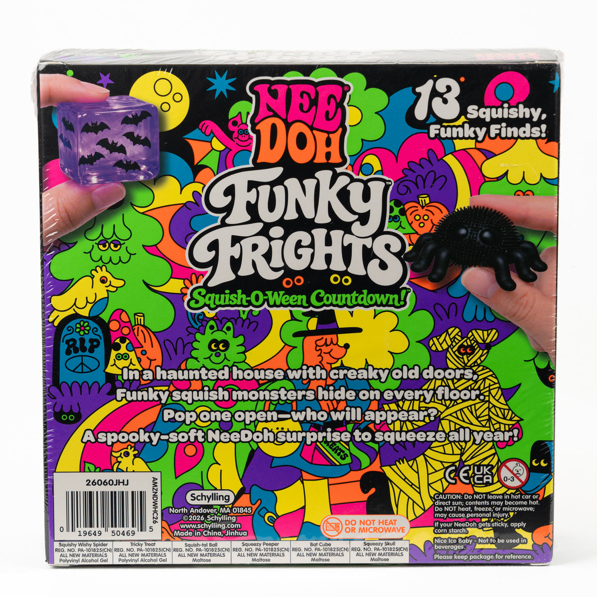 NeeDoh Funky Frights 13-Piece Halloween Countdown, back panel with package artwork.