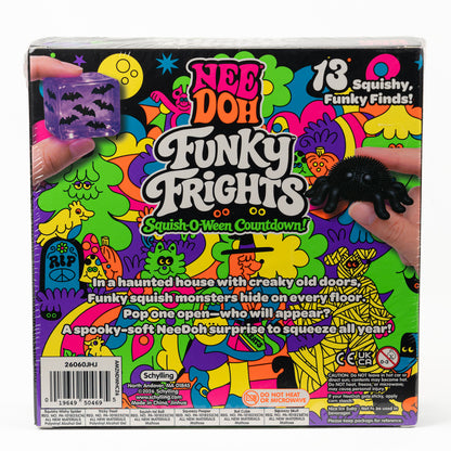 NeeDoh Funky Frights 13-Piece Halloween Countdown, back panel with package artwork.