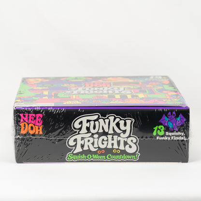 NeeDoh Funky Frights 13-Piece Halloween Countdown, side of retail packaging.