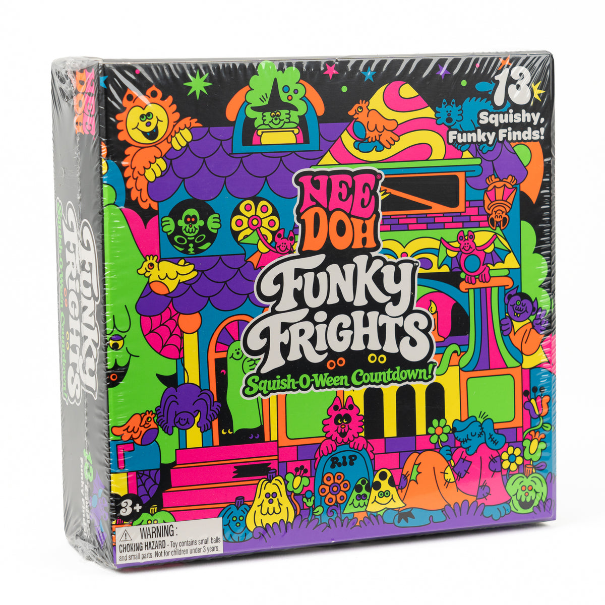 NeeDoh Funky Frights - 13-Piece Halloween Countdown, angled front view of retail packaging.