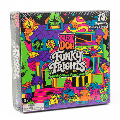 NeeDoh Funky Frights - 13-Piece Halloween Countdown, angled front view of retail packaging.
