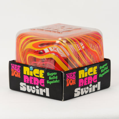 NeeDoh Nice Berg Swirl - Orange/Pink/Yellow, angled front view of retail packaging.