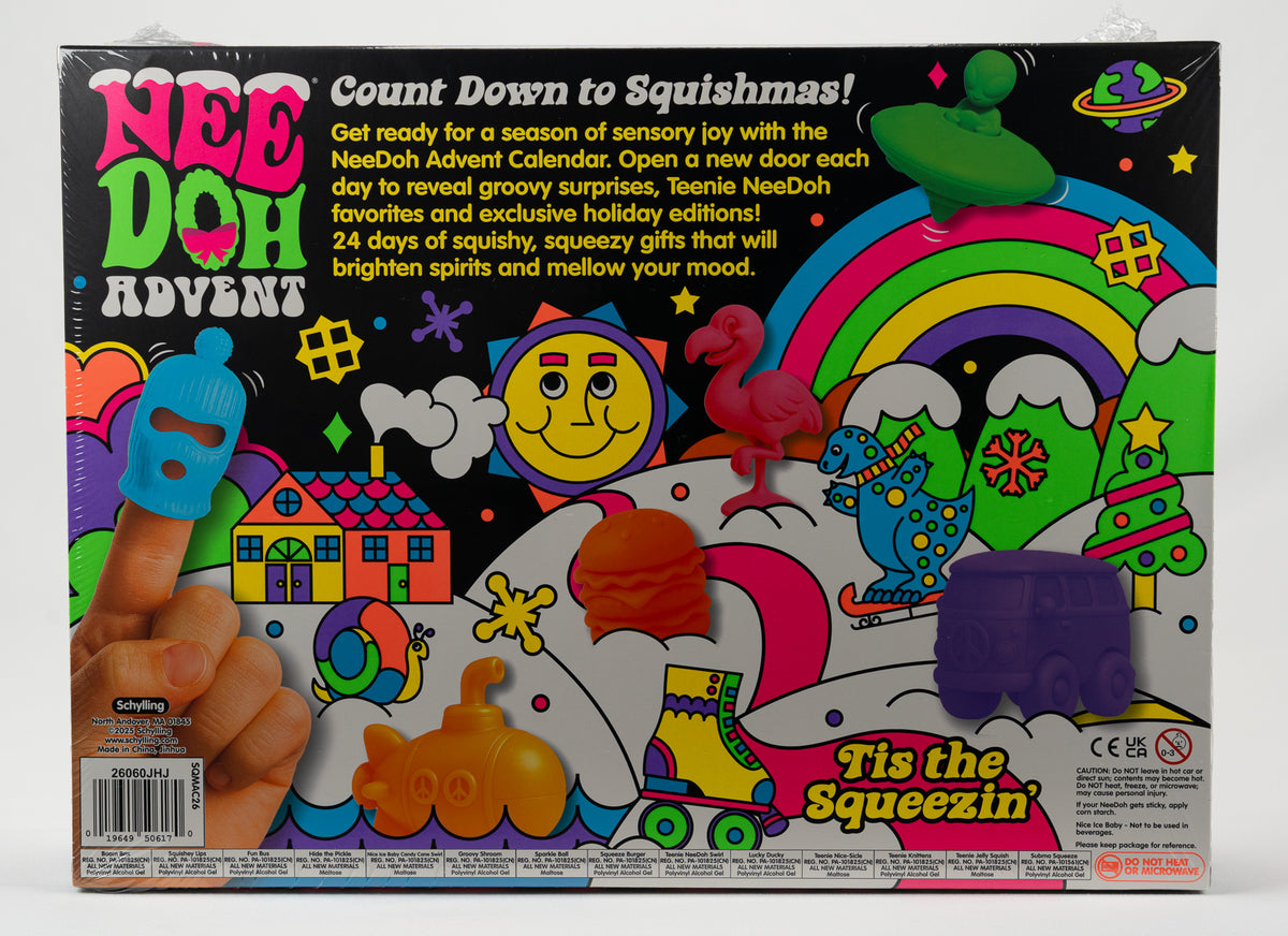 NeeDoh Squishmas Christmas Advent Calendar 24 Days — packaging details; assortment example, color/style supplied based on availability