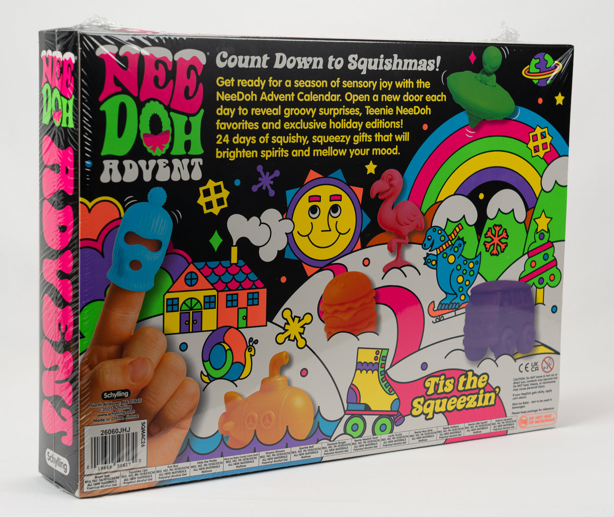 NeeDoh Squishmas Christmas Advent Calendar 24 Days, angled rear view of retail packaging.