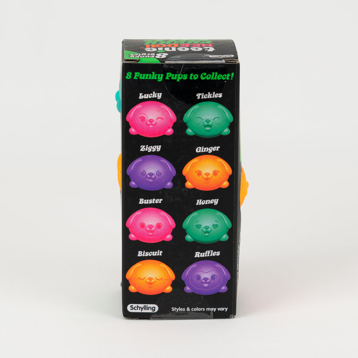 NeeDoh Teenie Funky Pup 3-Pack, back panel with package artwork.