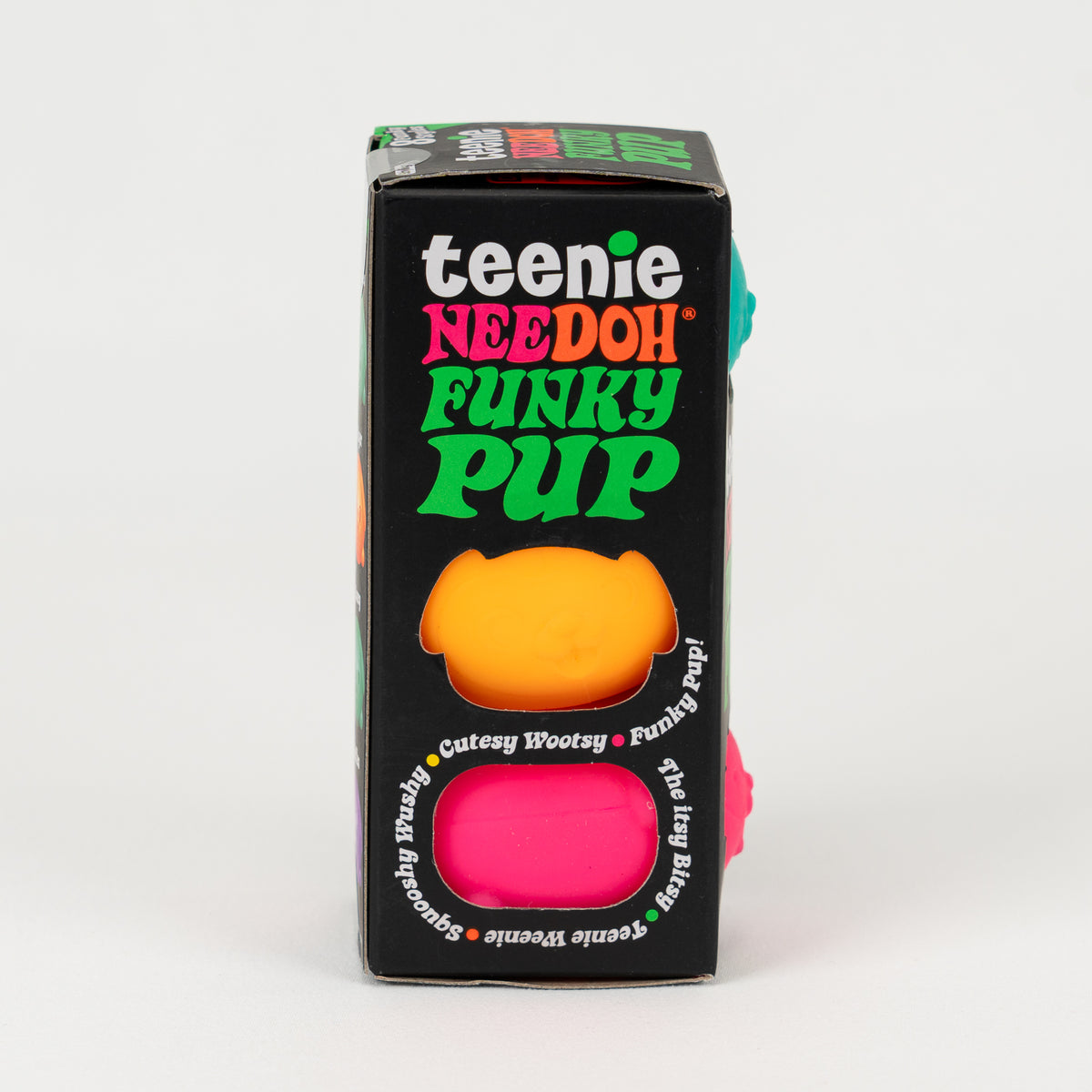 NeeDoh Teenie Funky Pup 3-Pack, side of retail packaging.