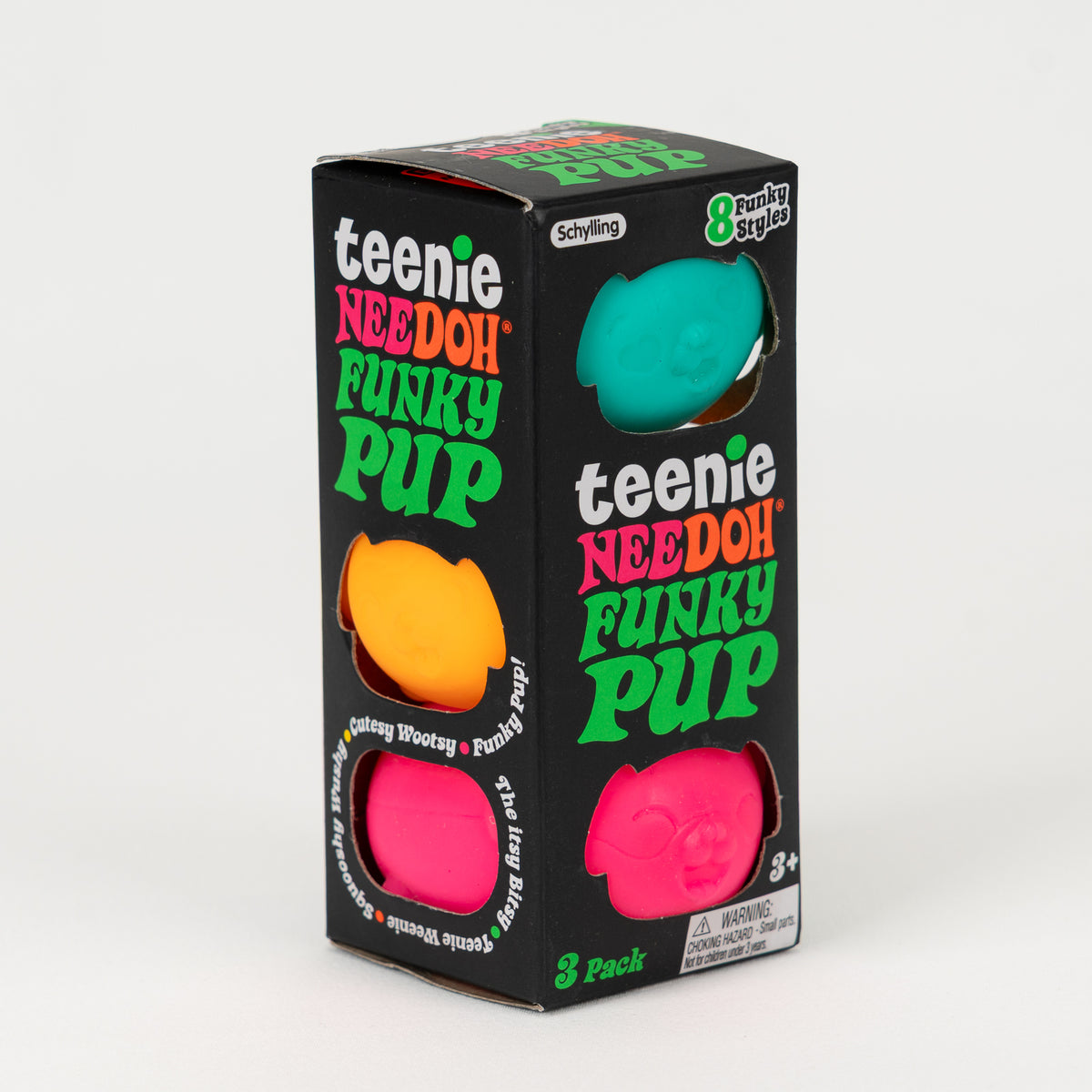NeeDoh Teenie Funky Pup 3-Pack, angled front view of retail packaging.