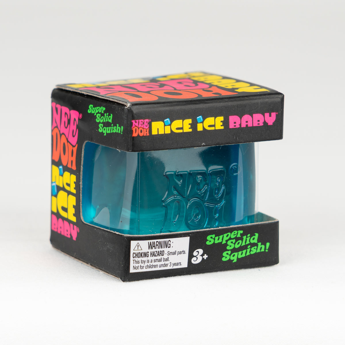 NeeDoh Nice Ice Baby - Blue, angled front view of retail packaging.