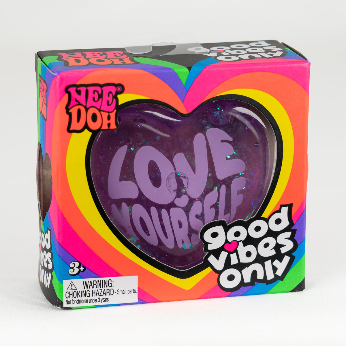 NeeDoh Good Vibes - Purple - Love Yourself, angled front view of retail packaging.