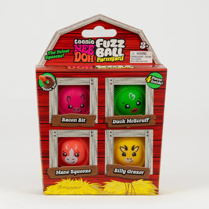 Teenie Fuzz Ball Farmyard - 4 Pack — product and retail packaging; assortment example, color/style supplied based on availability