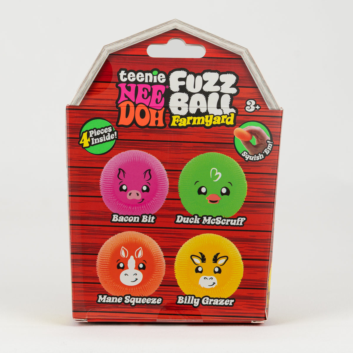 NeeDoh Teenie Fuzz Ball Farmyard 4-Pack, back panel with package artwork.