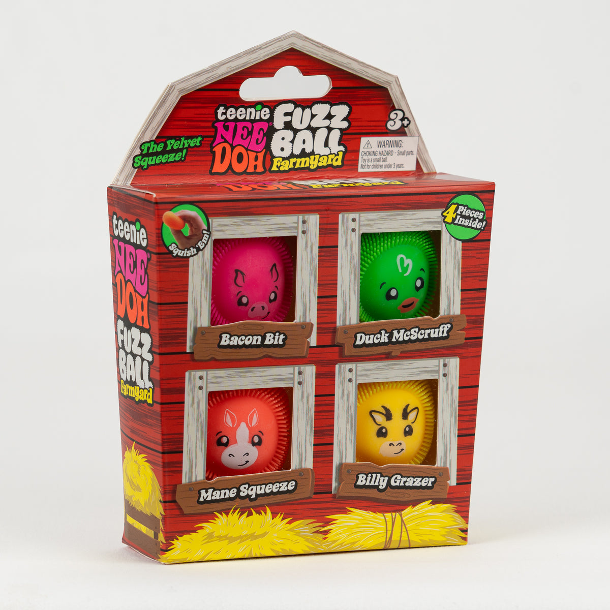 NeeDoh Teenie Fuzz Ball Farmyard 4-Pack, angled front view of retail packaging.