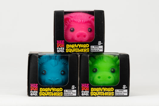 Barnyard Squishers - Full Set - Pig, Cow, Goat — product and retail packaging; assortment example, color/style supplied based on availability