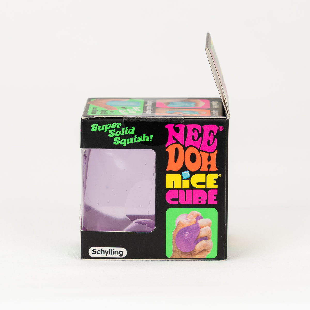 NeeDoh Nice Cube, opposite side of retail packaging.
