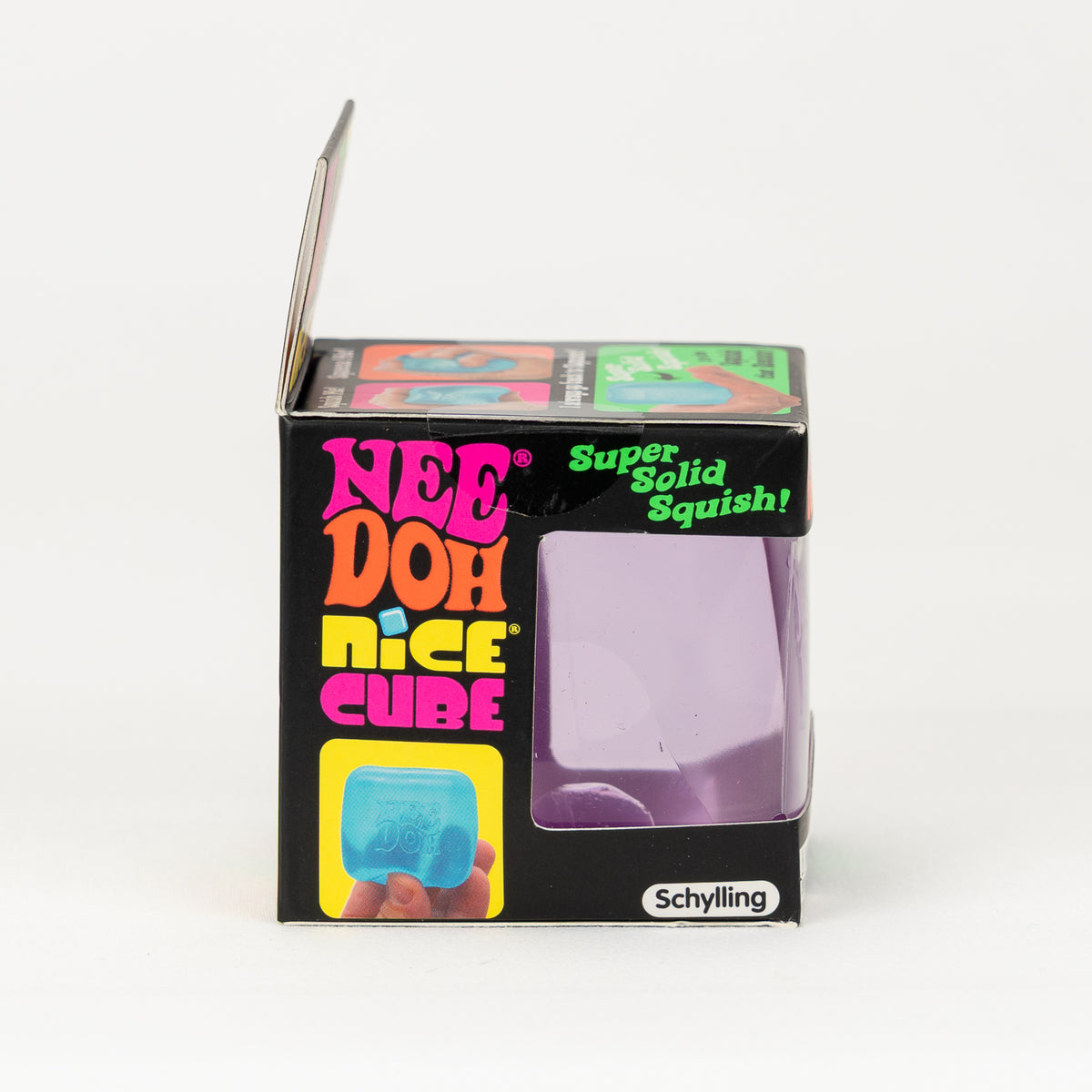 NeeDoh Nice Cube, side of retail packaging.