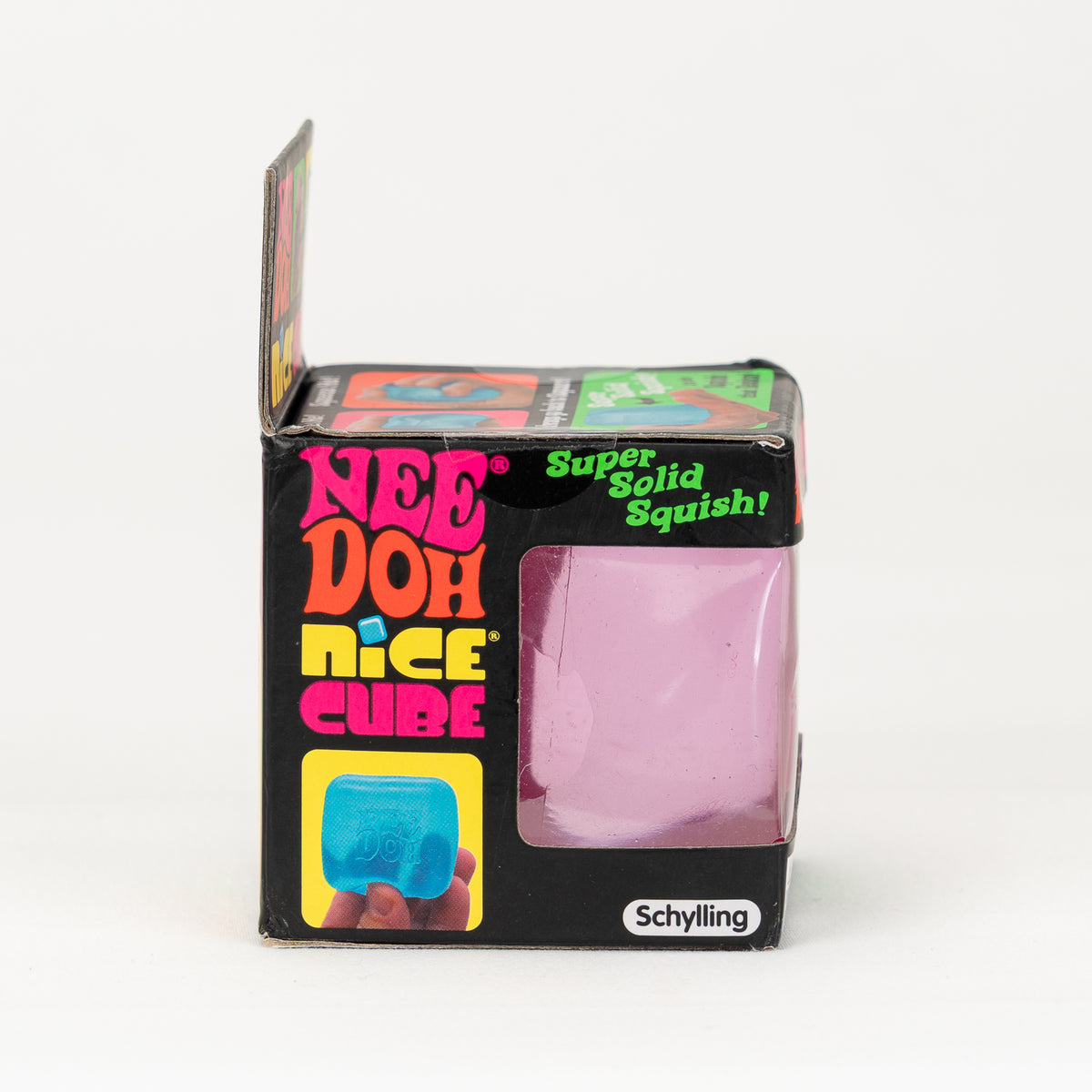 NeeDoh Nice Cube, side of retail packaging.