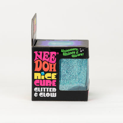 NeeDoh Nice Cube Glitter & Glow, side of retail packaging.