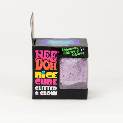 NeeDoh Nice Cube Glitter & Glow, side of retail packaging.