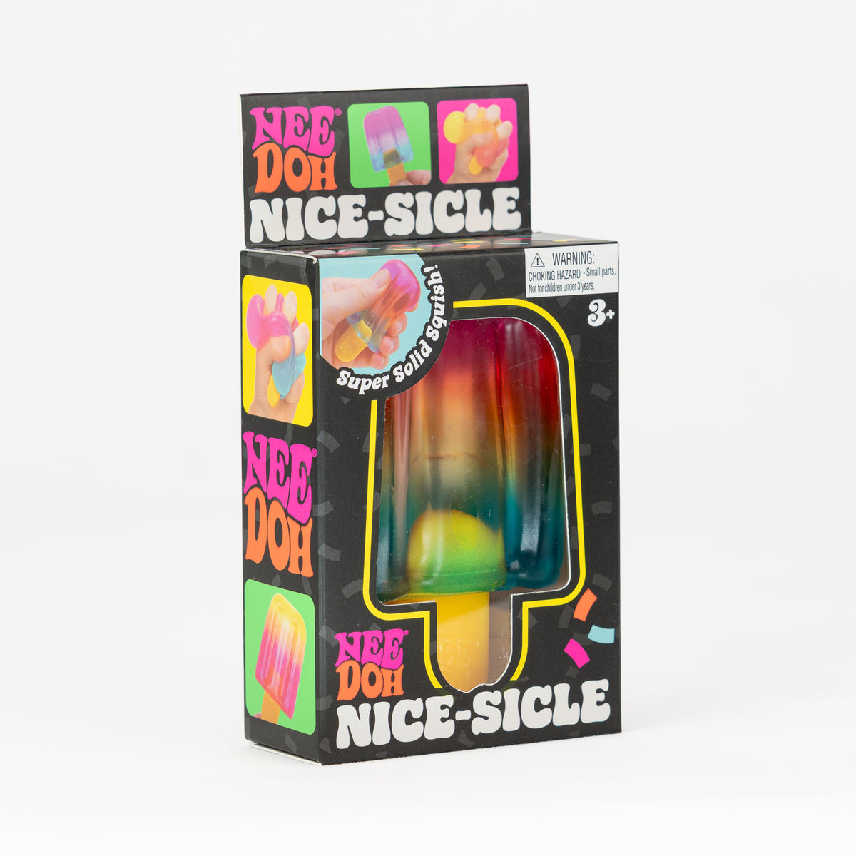 NeeDoh Nice-Sicle - Pink/Yellow/Blue, angled front view of retail packaging.