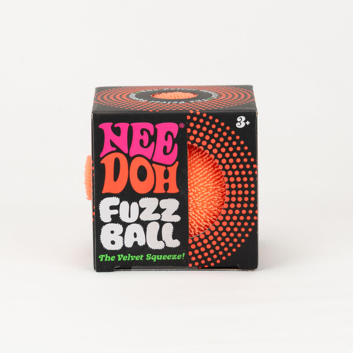 NeeDoh Fuzz Ball - Orange, front of retail packaging.