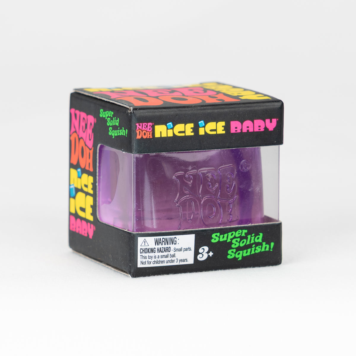 NeeDoh Nice Ice Baby - Purple, angled front view of retail packaging.