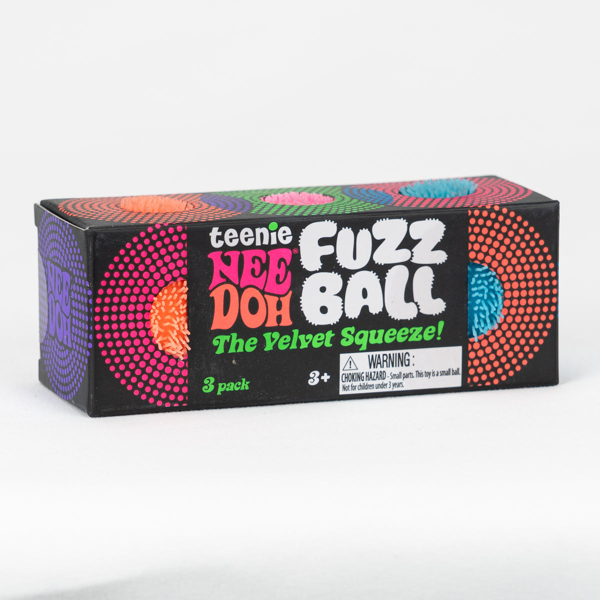 Teenie Fuzz Ball - 3 Pack — packaging details; assortment example, color/style supplied based on availability