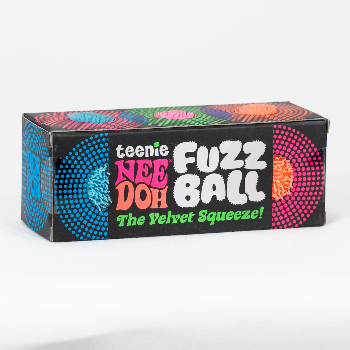 NeeDoh Teenie Fuzz Ball 3-Pack, angled front view of retail packaging.